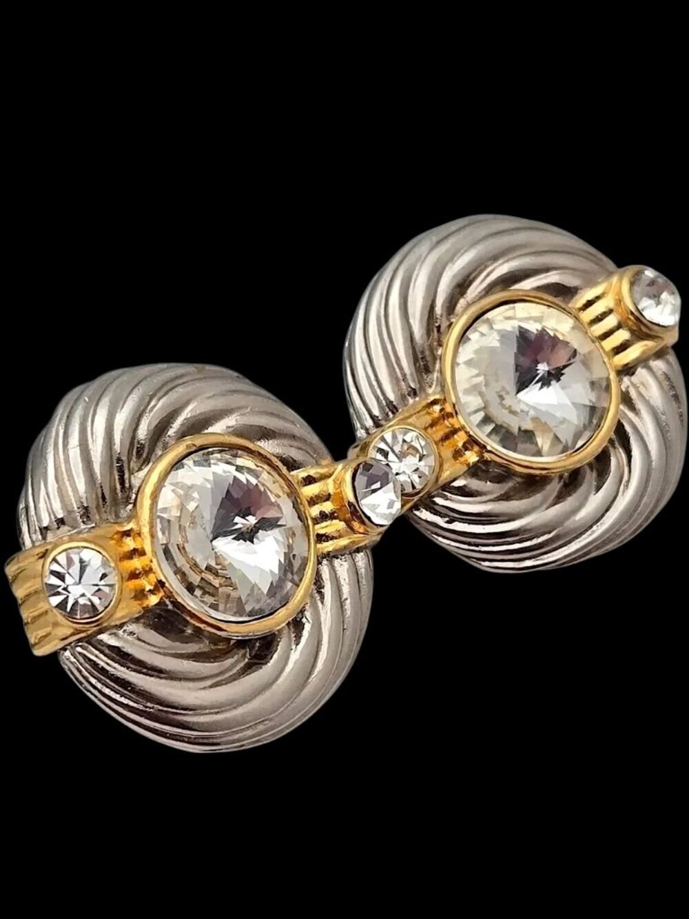 Vintage Clip on Earrings Silver & Gold Tone Clear Stones Parklane Co.